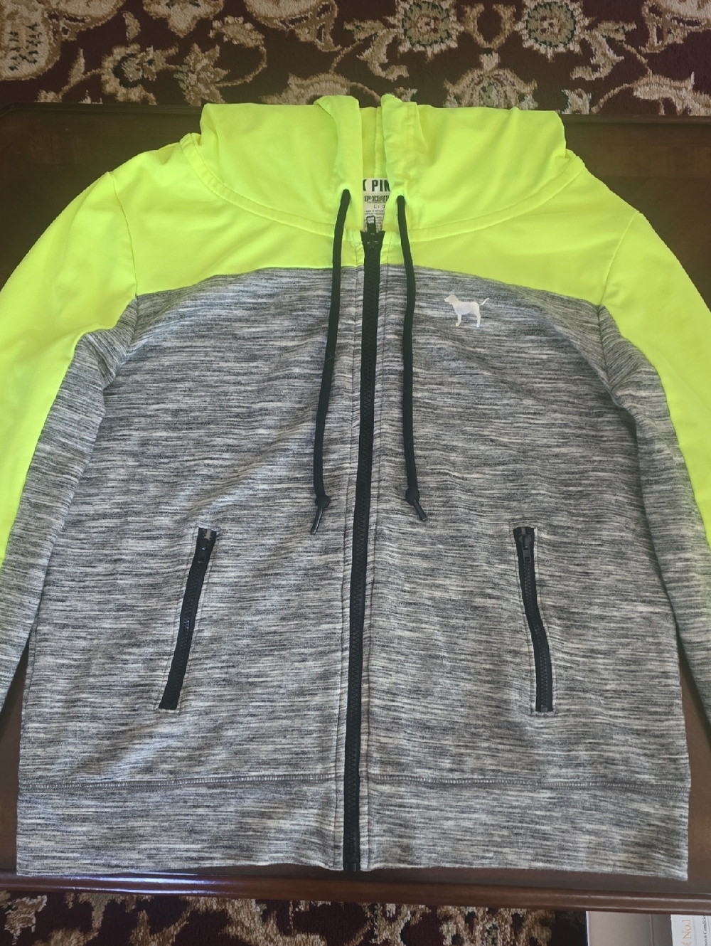 Victoria's Secret PINK Neon Yellow and Black Zip Hoodie